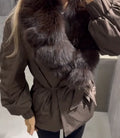 Women Short Belted Puffer Jacket Large Faux Fox Fur Collar Waist Tie Puff Sleeve Thick Warm Coat Winter Elegant 2026 Streetwear
