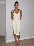 Contrast Color Bandage Playsuits Woman Halter Low-Neck Backless Sleeveless Ruffles High Street Fashion Style Rompers