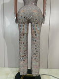 Sexy Perform Costume Sparkly Rhinestones Sequins Long Sleeves Print Jumpsuit Women Evening Party Birthday Nightclub Stage Wear