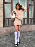Elegant Women Knit Skirt Set Lady V Neck Button Pocket Cardigan And Mini Skirt 2 Piece Outfit Soft Fuzzy Sweater Matching Suit