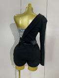 Women Shiny Sequins Black Splicing Long Sleeved Shorts Jumpsuit Celebirty Evening Birthday Party Bar Fashion Club Casual Dress