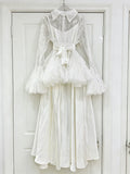 White Two Piece Set for Women Lapel Flare Sleeve Spliced Ruffles Lace Blouse High Waist Simpel Vest Dress Fairy Suit Female