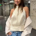 High End Sexy Shiny Fabric Halter Neck Vest Female Sleeveless Ruched Design Backless Tank Top for Chic Daily Outing