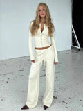 White Ribbed Knit Two Piece Set for Women Slim Button Accent Cardiagns Low Waist Loose Pant Suit for Casual Outings