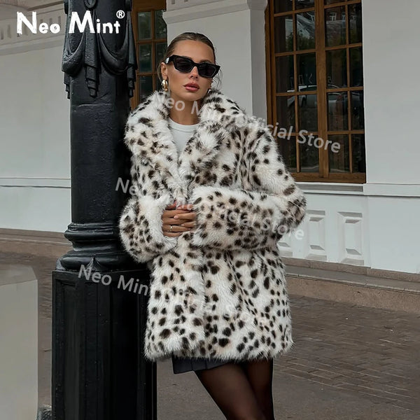 Exclusive Long Brown Leopard Fox Fur Coat Women Winter 2026 New Luxury Hot Brand Fashion Girls Faux Fur Jacket Overcoat