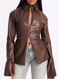 Streetwear Faux Leather Jacket for Women Lapel Collar Front Zip Hollow Cutout Flared Sleeve Slim for Autumn Outfits