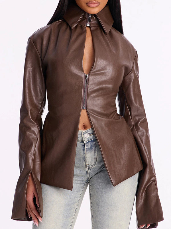 Streetwear Faux Leather Jacket for Women Lapel Collar Front Zip Hollow Cutout Flared Sleeve Slim for Autumn Outfits