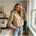 Khaki Hooded Cropped Jacket Faux Two‑inner Zip‑up Plaid Fabric Drawstring Bottom Women Coats Spring Autumn Casual Daily Outfits