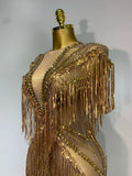 Luxury Sparkly Diamonds Tassels Sexy Mesh See Through Dress Women Evening Birthday Party Nightclub Bar Singer Stage Costumes