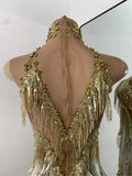 Luxury Sequins Tassel Short Dress For Women Sexy Sleeveless Mesh Transparent Music Festival Clothes Stage Wear