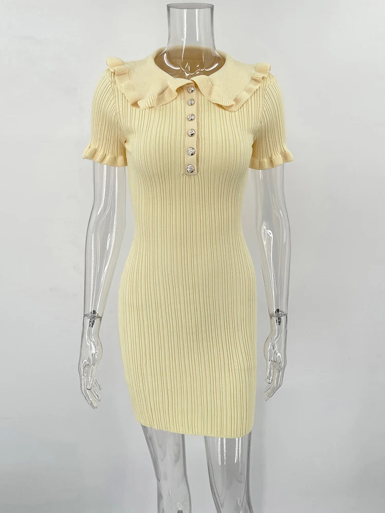 High Waist Ruffled Mini Dresses For Women Summer Short Sleeve Knitted Slim Fit Dress Women's Vintage Dress Woman Elegant