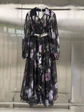 Floral Print Shirt Maxi Dress for Women Point Collar Long Lantern Sleeve Button Front Detachable Buckle Belt Sheer Chiffon