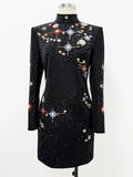 Heavy industry bead Diamonds Slim mini Dresses For Women Stand Neck long Sleeves High Waist Temperament Mini Dress Female