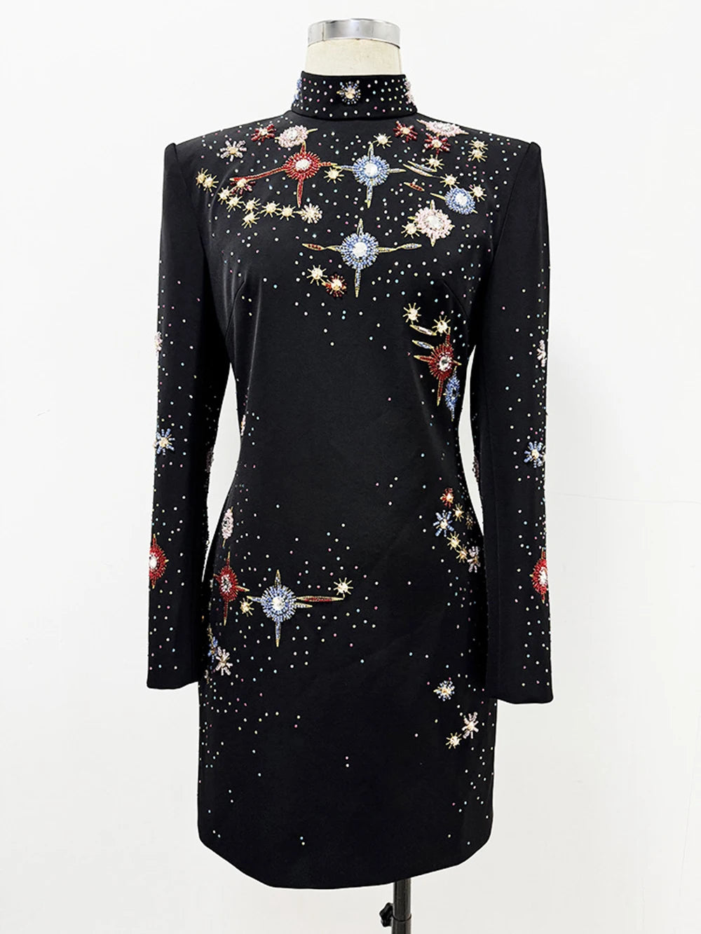 Heavy industry bead Diamonds Slim mini Dresses For Women Stand Neck long Sleeves High Waist Temperament Mini Dress Female