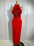 High Quality Birthday Party Dresses Black Red Beaded Flower Mesh Patchwork Long Bandage Dress Celebirty Prom Evening Club Wear
