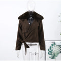 Vintage Lapel Suede Lace Up Jackets Women Solid Fur Collar Pad Shoulder Short Coats 2025 Female Autumn Chic Casual Streetwear