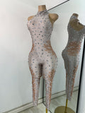 Women Sexy Spandex Rhinestones Sleeveless Tight Jumpsuit Celebrate Birthday Evening Club Rompers Photo Shoot Wear