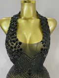 Sexy Sparkly Rhinestones Halter Backless Mesh Velour Short Dress Women Evening Prom Celebrate Birthday Party Stage Wear