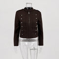 Women Double-Breasted Stand Collar Cropped Jacket Long-Sleeved Solid Zipper Metal Button Fashion Street Coat Autumn Winter