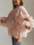 Solid Patchwork Folds Shirts For Women Round Neck Lantern Sleeve Spliced Lace Up Loose Pullover Blouse Female Style
