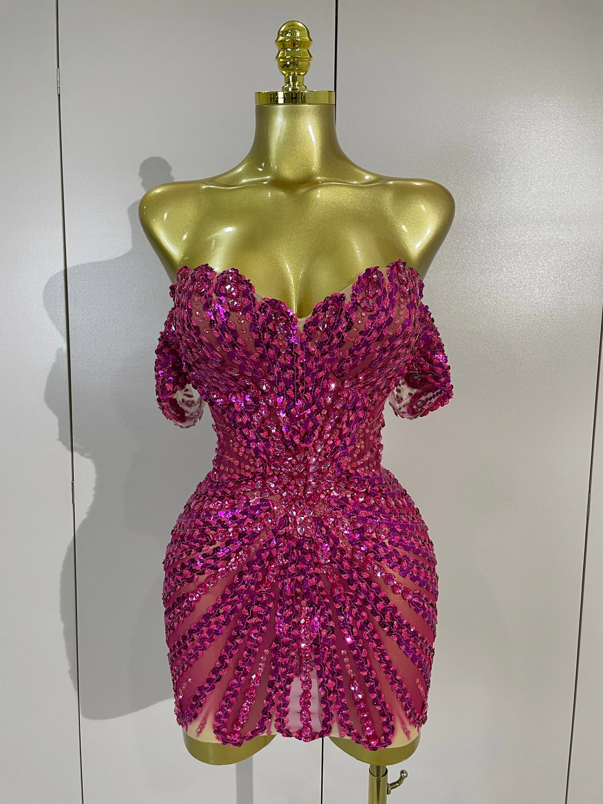 Women Birthday Party Nightclub Dancer Stage PhotoShoot Costume Sexy Sparkly Rhinestones Sequins Off The Shoulder Mesh Mini Dress
