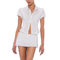 Solid Two Peice Set for Women Lapel Short Sleeve Shirt Low Waist Spliced Fungus Edge Mini Skirt Sweet Suit Female