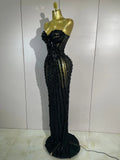 Sexy Sparkly Diamonds Black Strapless Mesh See Through Long Dress Evening Party Birthday Nightclub Photo Shoot Stage Costumes