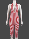Stripe Print Playsuit Women Sleeveless Backless Halter Bandage Skinny Sexy Clubwear Activity Fitness Workout Romper