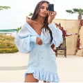 Elegant Asymmetric Cascading Ruffles Mini Dress Women Loose Solid V-neck Full Sleeve Button Summer Dresses  Lady Robes New