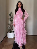 Solid Spliced Ruffles Folds Long Elegant Dresses for Women Lace Up Stand Neck Long Sleevs Tunic Temperament Dress Female