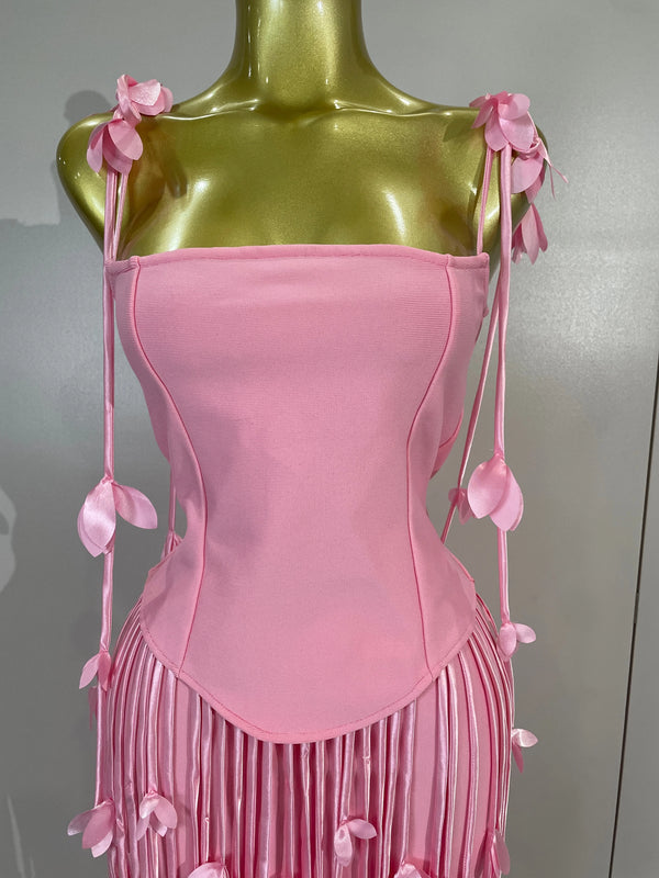 Elegant Pink Strapless Sexy Long Tassel Bandage Dress Women Celebrity Evening Party Luxury Birthday Cocktail Dress Stage Wear