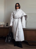 Detachable Triangle Shawl Long Puffer Coat Stand Collar Waist Tie Belt Button Solid Loose Women Coats 2026 Winter Commute Outfit