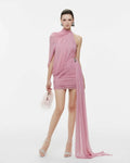 Pink Turtleneck Sleeveless Sexy Mini Dress For Women Fashion Irregular Folds Short Dress Femme Elegant Club Party Dress