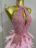 Women Sexy Celebrate Birthday Dress Luxury Rhinestones Pearls Feathers Halter Backless Short Dress Nightclub Bar Stage Costume