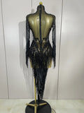 Women Evening Birthday Party Nightclub Dance Singer Stage Outfit Sexy Sparkly Rhinestone Sequins Tassel Mesh Transparent Dress