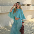 Light Turquoise Striped Batwing Crop Top Drawstring Loose Wide Pants Women Seaside Resort Casual 2 Piece Matching Party Set 2026