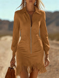 SHENGPALAE Women Dress Mini Long Sleeve Faux Suede Fringe Western Slim Zip Pocket Autumn 2026 New 05E03783