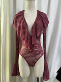 Sexy Club Burgundy Lace Plunge Bodysuit for Women Ruffled Design Long Flare Sleeves Slimming Bodysuits for Luxury Dinners