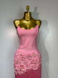 Women Sexy Strapless Pink Flower Tassel Bodycon Bandage Dress Elegant Evening Club Party Luxury Birthday Cocktail Prom Dress