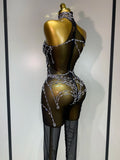 Sparkly Diamond Women Sexy Mesh Jumpsuit Nightclub Bar Party Show Gogo Dancer Clothing Drag Queen Outfit Stage Costume