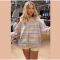 Women Rainbow Stripe Hooded Knit Cardigan Zip Front Drop Shoulder Side Pocket Loose Jacket Multicolor Textured Casual Daily Wear