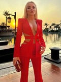 Red Sexy V-neck Long Sleeve Jacket+High Waist Flare Pants Blazer Set Women'S 2026 New Hollow Out Designer Two-Piece Set