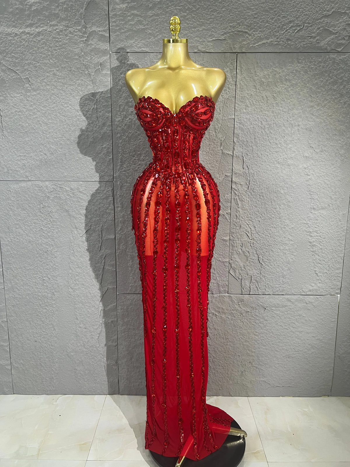 Women Red Strapless Mesh Mermaid Maxi Dress Vertical Red Rhinestone Long Gown Birthday Party Prom Singer Stage Evening Outfit