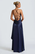 Sexy Satin Long Dress Luxury Ruffles Backless Bandage Evening Dresses Red Burgundy Blue Wedding Guest Cocktail Party Summer New