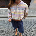 Women Rainbow Stripe Hooded Knit Cardigan Zip Front Drop Shoulder Side Pocket Loose Jacket Multicolor Textured Casual Daily Wear