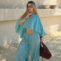 Light Turquoise Striped Batwing Crop Top Drawstring Loose Wide Pants Women Seaside Resort Casual 2 Piece Matching Party Set 2026