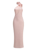 Elegant Solid 3D Flowers Ribbon Women Halter Dress Off Shoulder Sleeveless Backless Slim Female Maxi Dresses Chic Lady Robe
