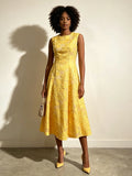 New Embroidery Elegant Yellow Midi Dresses For Women O Neck Sleeveless High Waist Temperament Female Fashion Style Dress