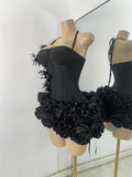 Black Bandage Floral Hather Top Short Skirt Set Women Sexy Backless Knitted Two Pieces Bandage Outfit Nightclub Wear