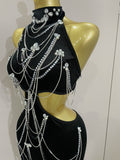 2025 Women Sparkly Diamonds Tassels Chain Balck Sexy Halter Backless Long Dress Evening Birthday Party Celebrate Stage Costume